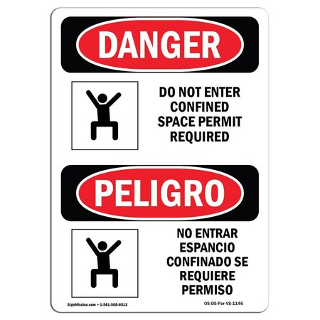 SIGNMISSION OSHA Sign, Do Not Enter Confined Space Bilingual, 24in X 18in Rigid Plastic, 18" W, 24" H, Spanish OS-DS-P-1824-VS-1146